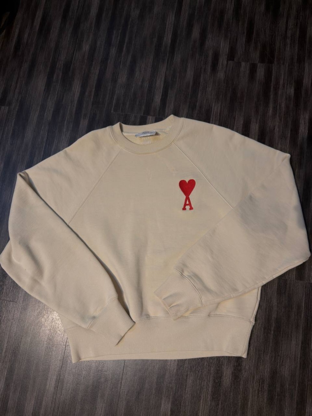 Ami Paris Cream Crewneck Sweatshirt with Red Heart A Embroidery